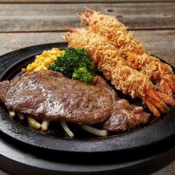 Fried shrimp & rib roast steak