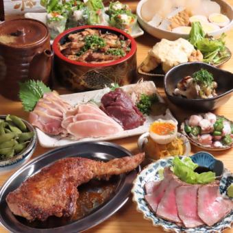 【7~8月】骨付き鶏一本焼/知覧どり刺身・馬刺/鶏のひつまぶし等料理9品+プレモル付2H飲放5000円