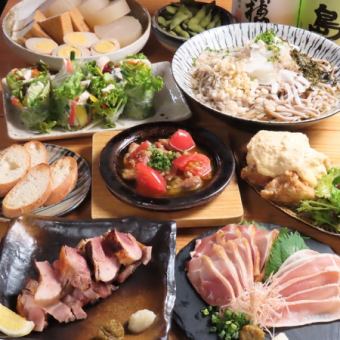 【7~8月】知覧鶏お刺身・もも焼き/鶏のアヒージョ/チキン南蛮等料理8品+プレモル付2H飲放4000円