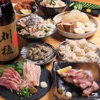 知覧鶏お刺身・もも焼き/中津の唐揚げ/鶏シュウマイ等料理9品+生ビール付2H飲放4000円