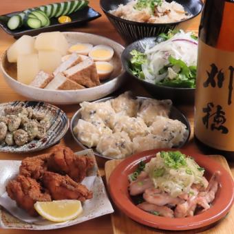 鶏シュウマイ/せせり焼き/中津唐揚げ/鶏だしおでん等料理8品+生ビール付2H飲放3500円