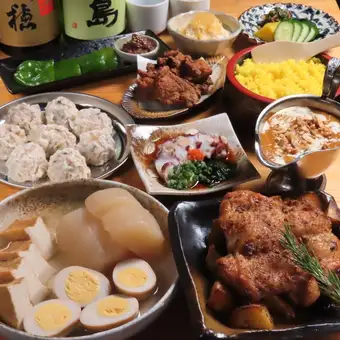 自家製鶏しゅうまい/国産鶏ローストチキン/鶏だしおでん等料理8品+生ビール付2H飲放3500円