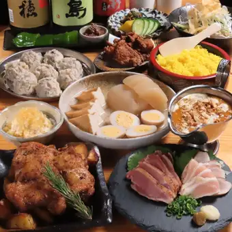 知覧どりお刺身盛り合わせ/国産鶏ロースト/自家製鶏しゅうまい等料理9品+生ビール付2H飲放4000円