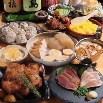 知覧どりお刺身盛り合わせ/国産鶏ロースト/自家製鶏しゅうまい等料理9品+生ビール付2H飲放4000円