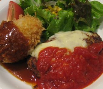 Homemade crab cream croquette and hamburger steak made with wagyu beef