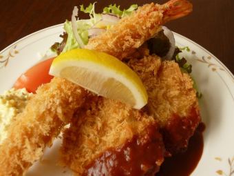 Fried shrimp and domestic pork fillet cutlet