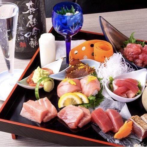 【名物】本鮪玉手箱×1杯500円地酒40種以上