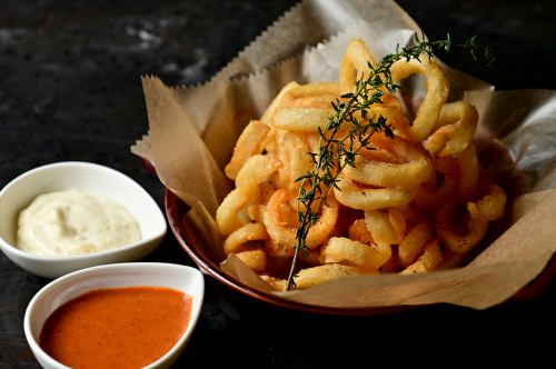 Curly fries with sour cream onion and ethnic sauce