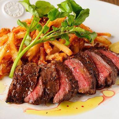 Beef skirt steak frites with shallots and yuzu mustard
