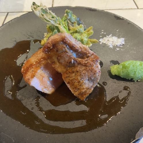 Roasted Kyoto pork with fried Shonai mountain vegetables and Japanese pepper sauce