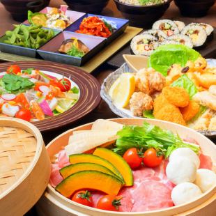 海鲜薄片、蒸猪肉配时令蔬菜【简易套餐】含无限畅饮，5000日元（含税）