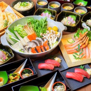 螃蟹涮涮海鮮火鍋和新鮮鮪魚壽司【豪華火鍋套餐】含無限暢飲，7,000日圓（含稅）