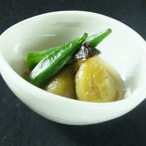 Grilled eggplant and simmered okra