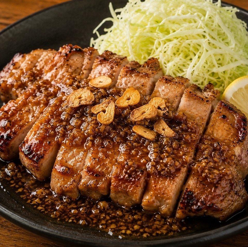 香ばしく焼き上げた豚ステーキに、濃厚ガーリックソースは相性◎
