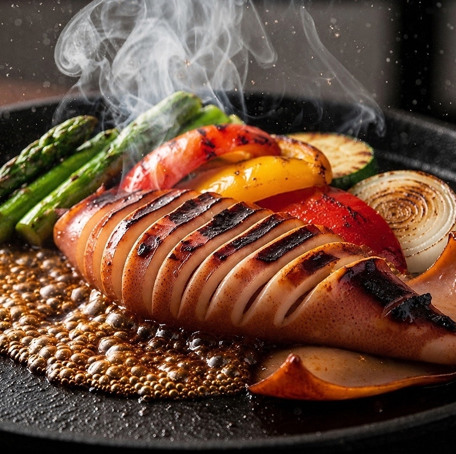 香ばしく焼き上げたイカに濃厚な肝バターソース