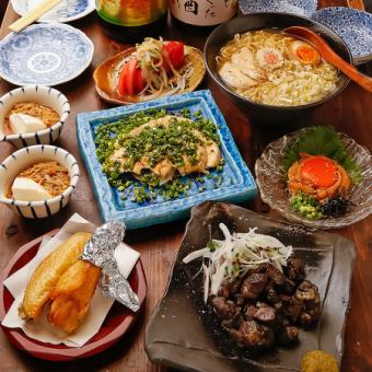 【黒さつま鶏コース】120分飲み放題／むね肉タタキ,もも肉籠炙り,ラーメン等全7品／4500円(税込)