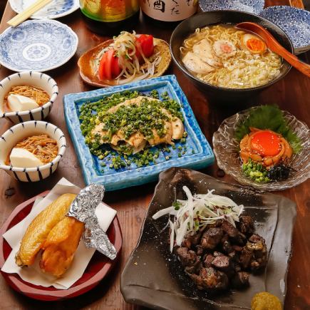 【黒さつま鶏コース】120分飲み放題/むね肉タタキ,もも肉籠炙り,ラーメン等全7品/4500円(税込)