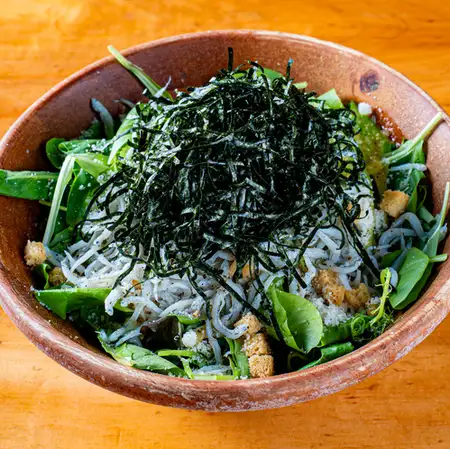 Japanese-style Caesar salad with boiled whitebait and roasted seaweed