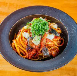 Oven-roasted eggplant and Nanko plum arrabbiata with buffalo mozzarella