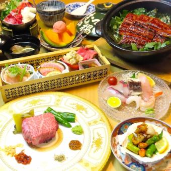 [Our No.1] Hokkaido scallops, special Wagyu beef hotpot, Wagyu beef rib roast, and eel rice in clay pot (8 dishes in total) 11,000 yen