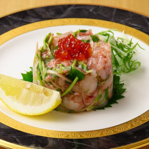 Red shrimp and red sea bream with sake kasu sauce