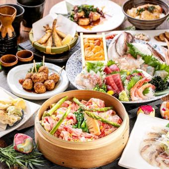 [Special Course] Assortment of 3 kinds of sashimi, steamed pork belly and seasonal vegetables, etc. / 2.5 hours all-you-can-drink included, 9 dishes, 4,000 yen