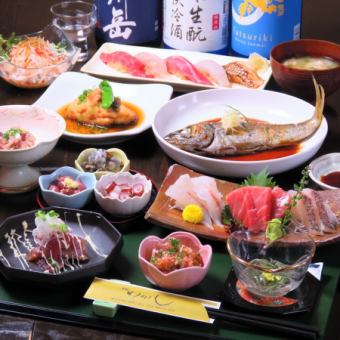 【全卷6,000日元套餐】中脂金枪鱼、红鲷鱼等3种，共9道菜品，生鱼片，寿司等6,000日元（含税）