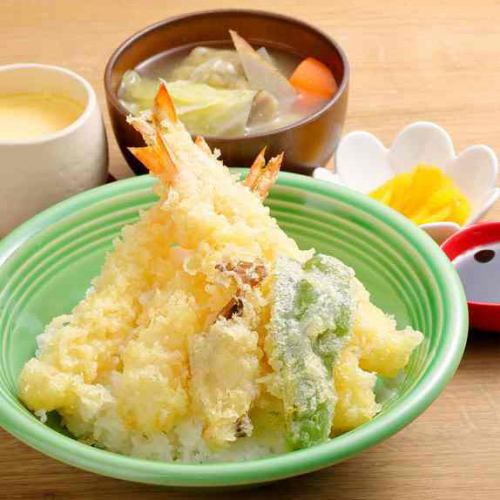 Shrimp tempura bowl with vegetable miso soup