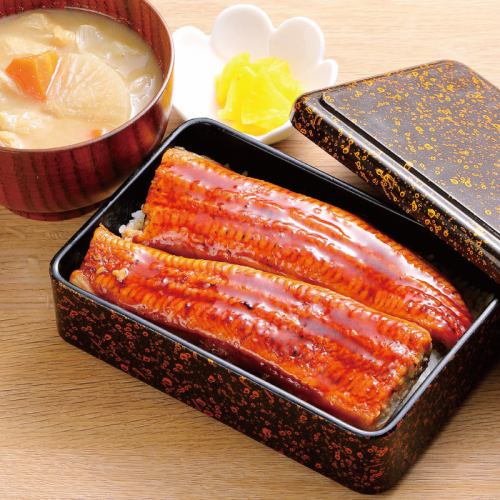 Grilled eel on a tray with vegetable miso soup