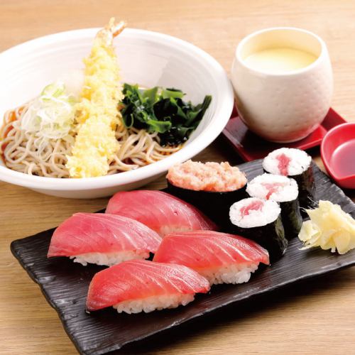 Sushi, tuna and soba set on a tray