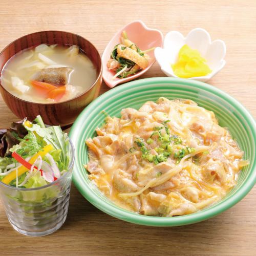 Tokachi pork and egg rice bowl with vegetable miso soup