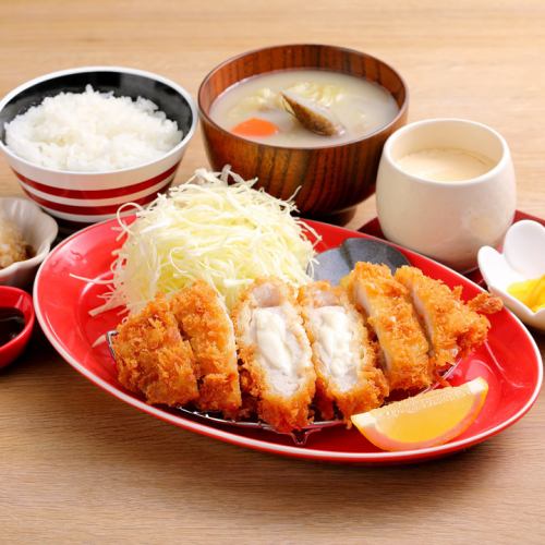 Cheese pork cutlet tray with edible vegetables and miso soup