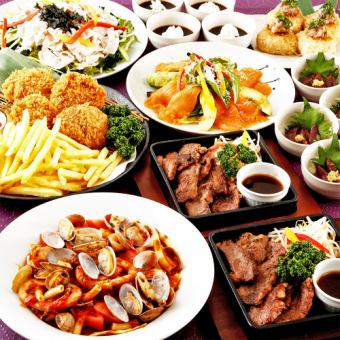 【おもてなし】牛中落カルビステーキや軍鶏メンチ・選べる海鮮料理等全8品+飲放込5000円