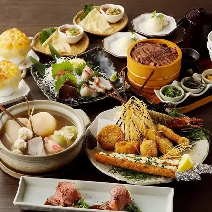Perfect for year-end/New Year's parties! [All-you-can-drink seasonal vegetable and fish course] Featuring Hanakushian's specialties and Wagyu beef hitsumabushi!