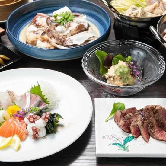 We have a course menu where you can enjoy Miyazaki beef steak and two kinds of sashimi.