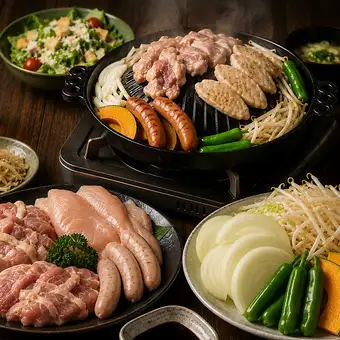 【2.5H生ビール付飲み放題】夏におすすめ!お刺身3点盛なども楽しめる鶏焼肉コース☆5000円(税込)