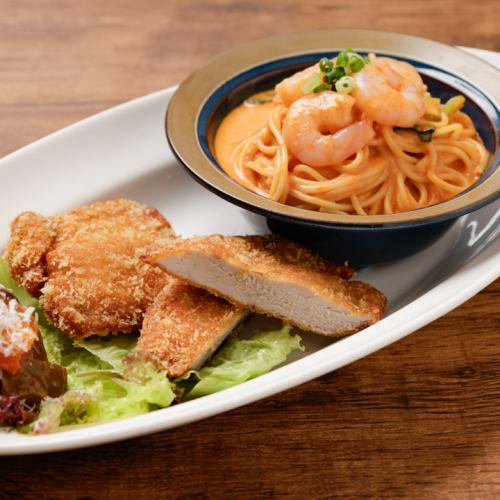 小海老のトマトクリームスパゲティ & 豚フィレ肉のカツレツ ー夏野菜のカポナータ添えー