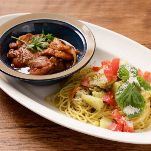 帆立と季節野菜のスパゲティ「ジェノベーゼ」&鶏もも肉とキノコの赤ワイン煮込み 「コック・オ・ヴァン」