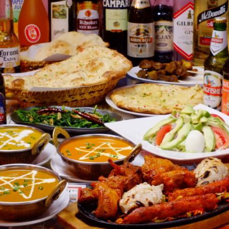 【宴会におすすめ！】ナン&ライス食べ放題含むお料理10品Ｂコース4,000円☆120分飲み放題付