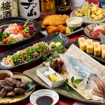 겨울 연회【산차 꽃(사잔카)】활 오징어나 소 하라미 스테이크, 닭 타타키나 앙코우《120분 음료 무제한 첨부》