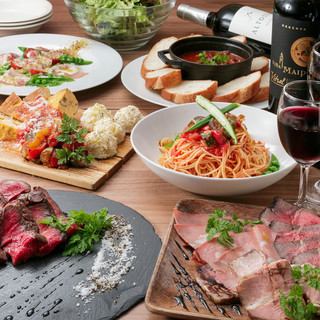 【春天150分鐘無限暢飲】★4,500日元staub套餐★2種主要牛肉：特選和牛和牛裙牛排♪ 豐盛的肉食者