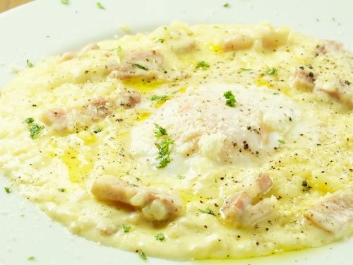 Carbonara style risotto ~ topped with warm egg ~