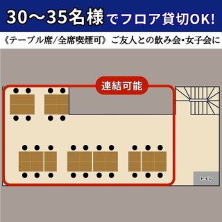 【フロア貸切】名物から揚げを堪能する大人数パーティー！2階は30名様以上で貸切OK！最大35名様まで対応可能なテーブル席フロアです。会社宴会や女子会、同窓会など、大人数でのお集まりにおすすめ。自慢のから揚げを味わいながら、和やかなひとときをどうぞ。