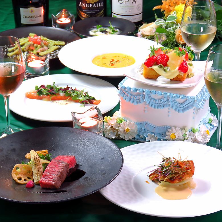 《メモリアル》仙台牛モモ肉ロティ、鯛のポワレ、厳選食材等9品◆アニバーサリーケーキに変更OK♪