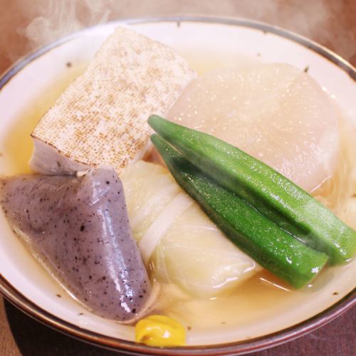 大 根・玉 子・ちくわ・こんにゃく・オクラ(二本)・肉団子串・里芋串(二個)