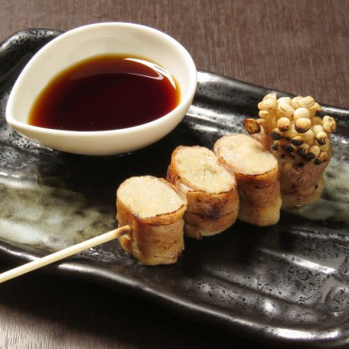 Enoki mushroom and pork skewers