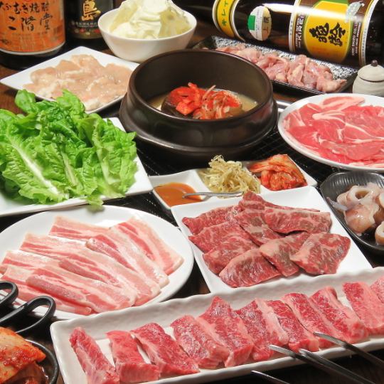 【Aburitei豪华套餐】包含普通烤肉等11道菜品、90分钟无限畅饮，6,000日元（含税）