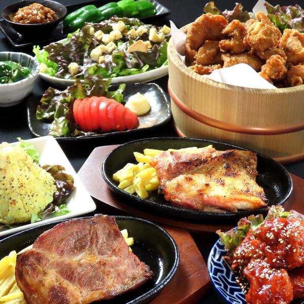 ポークステーキ、チキンステーキの二種類含む食べ飲み放題！その他おつまみも豊富に取り揃えています♪