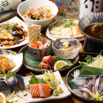 [Hot pot] Fatty mackerel shabu-shabu x 3 kinds of seafood sashimi etc. 8 dishes in total [Fuuka course] 2 hours all-you-can-drink included 4500 yen / Farewell party