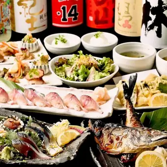 【銀座店限定】活〆豊後さばコース◆2H飲放題◆刺身5種食べ比べ、握り寿司、天婦羅/8品◆6000円